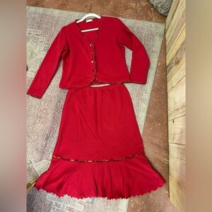 Chalet cotton and silk top and skirt set jersey midi skirt button up top red